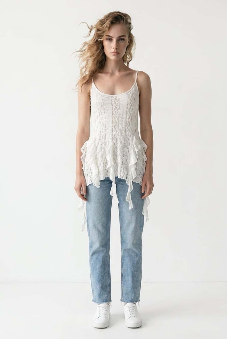 Zara White Lace Ruffle Hem Camisole Tank Top Large NWT - Picture 4 of 6
